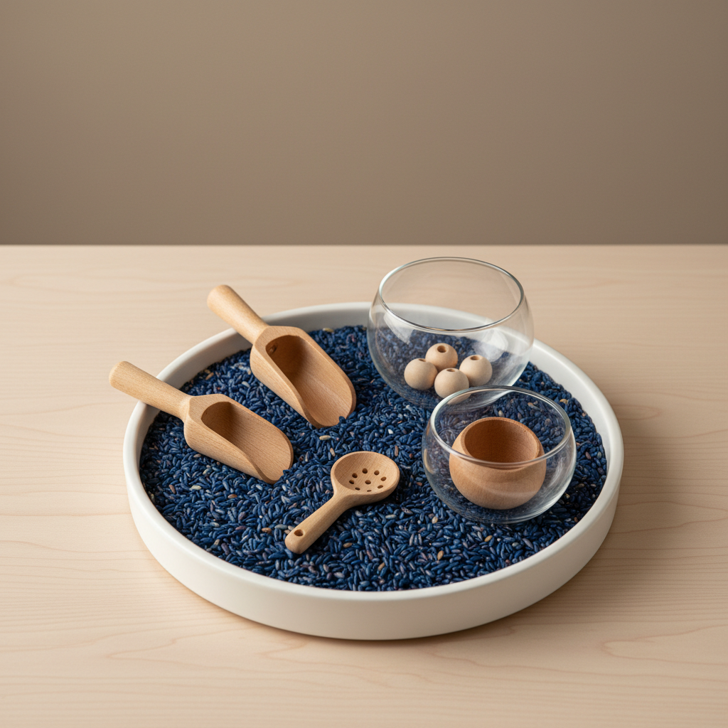 A thoughtfully arranged Montessori sensory activity setup, displaying a shallow white ceramic tray filled with blue-dyed rice and a selection of wooden scoops and glass sorting bowls. The tray rests atop a meticulously clean ash-wood table, positioned in front of a soft, taupe-colored wall that provides a neutral backdrop. Diffuse morning light washes over the objects, enhancing the vibrancy of the materials without overwhelming contrast or glare. Captured from a shallow overhead angle with clear focus on fine textures and subtle shadows, the composition is minimalist yet inviting. The photographic style is highly realistic with clean, corporate lines, emphasizing hands-on learning in a structured, supportive setting.