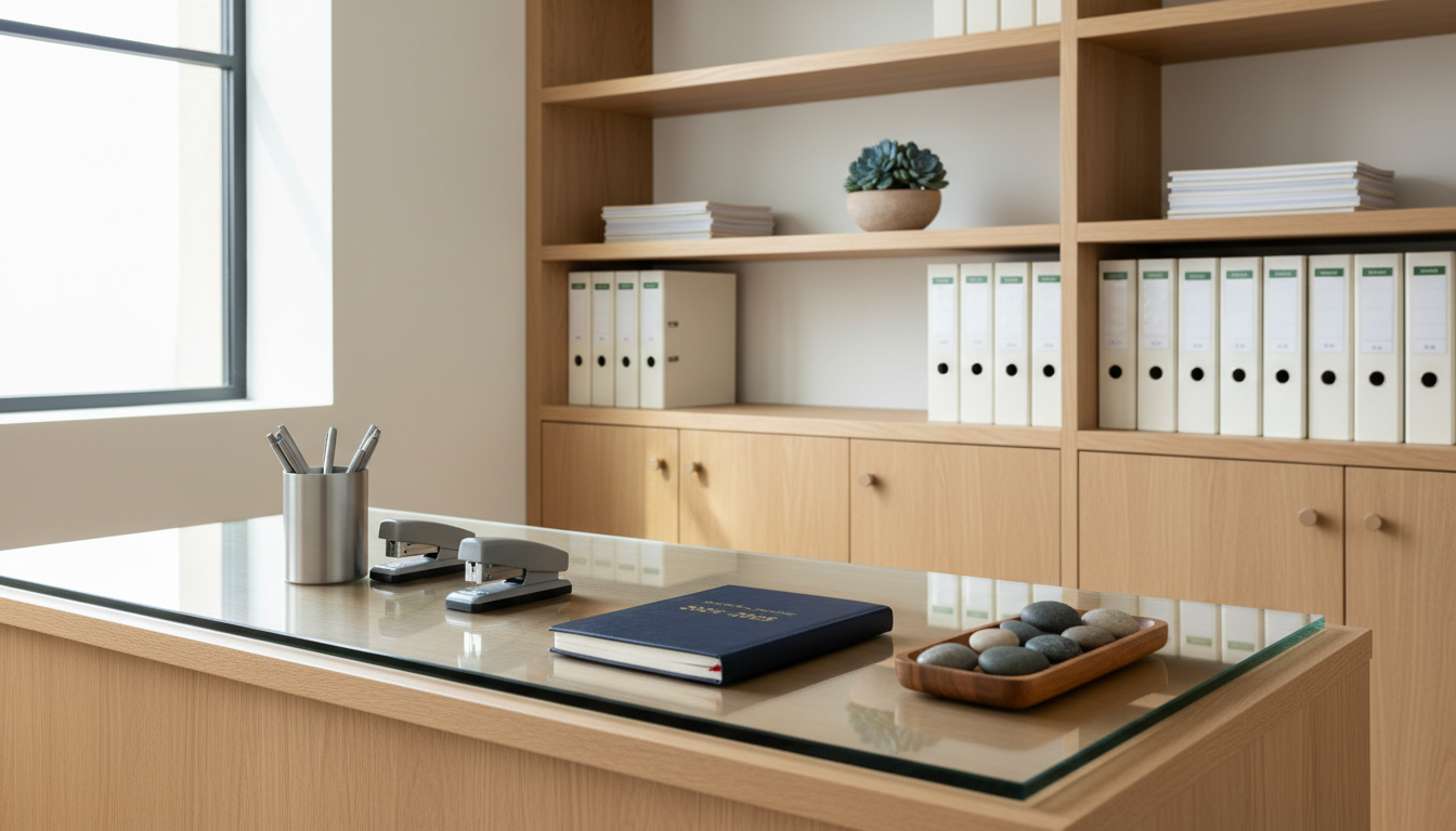 A glass-topped administrative desk situated in a Montessori school office, featuring a minimalist arrangement of matte-silver stationery, a navy-blue hardcover planner, and a small tray of river stones for tactile grounding. Behind the desk, custom-built shelving in pale oak displays neatly stacked curriculum binders and a single potted blue-green succulent. Ambient daylight from a nearby high window delivers crisp but gentle illumination, enhancing the clarity of textures. Framed from a slightly off-center, front-facing perspective, the image has a balanced, structured composition with sharp focus throughout. The style is clean, professional, and photographic, reflecting organizational excellence and a calm administrative atmosphere.
