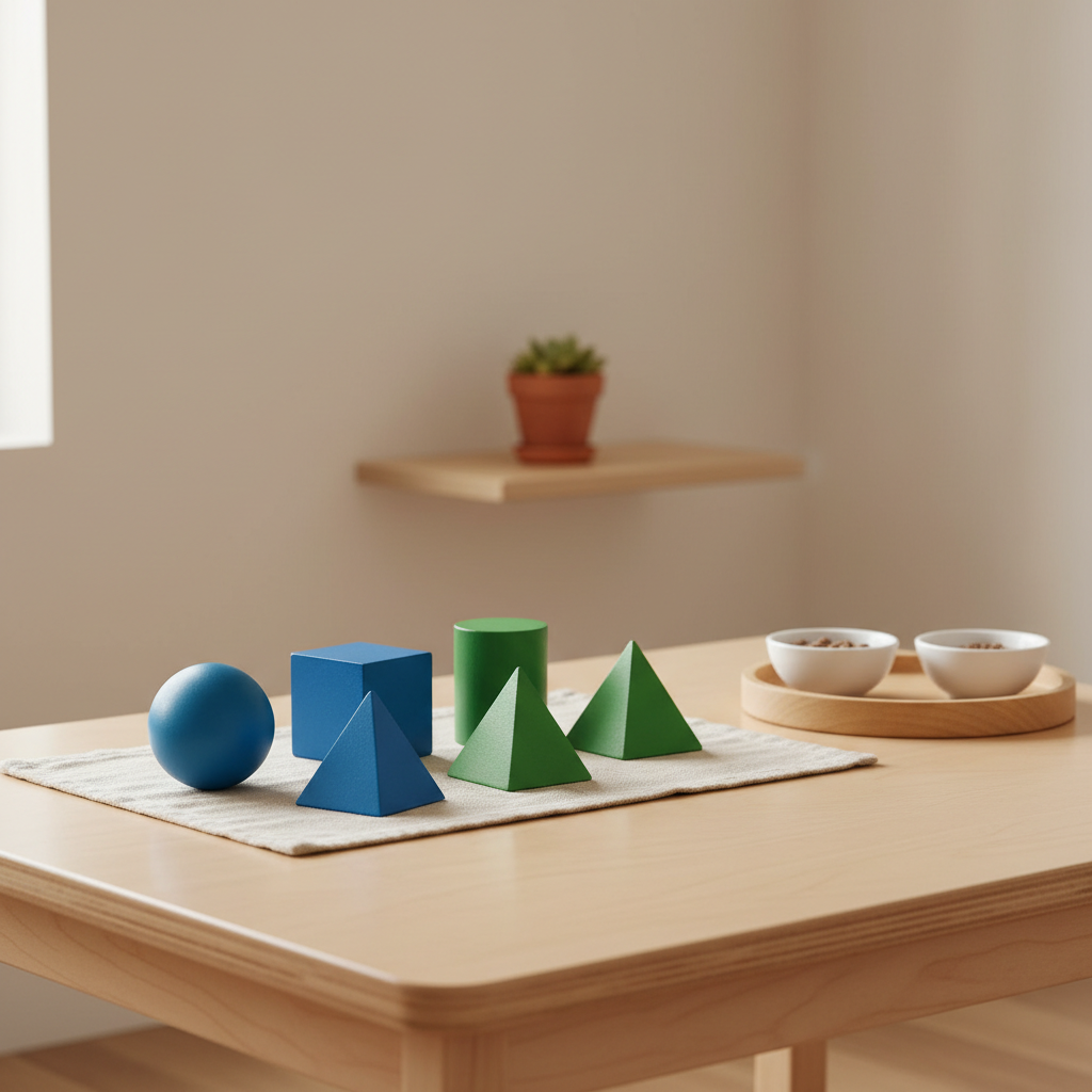 A close-up of a serene work area in a Montessori school, showcasing a smooth birch-wood table with an uncluttered arrangement of thoughtfully selected educational materials—such as a set of blue and green geometric solids placed upon a natural linen mat. The setting is surrounded by a muted, neutral-tone wall, free of distractions, with a minimalist shelf visible in the softly blurred background. The scene is illuminated with soft, natural side lighting, producing understated highlights and subtle shadow play. Captured from a slightly elevated angle, the composition emphasizes the order and tranquility characteristic of the Montessori approach. The mood is peaceful, focused, and intentionally curated, rendered in a clean, photographic style.