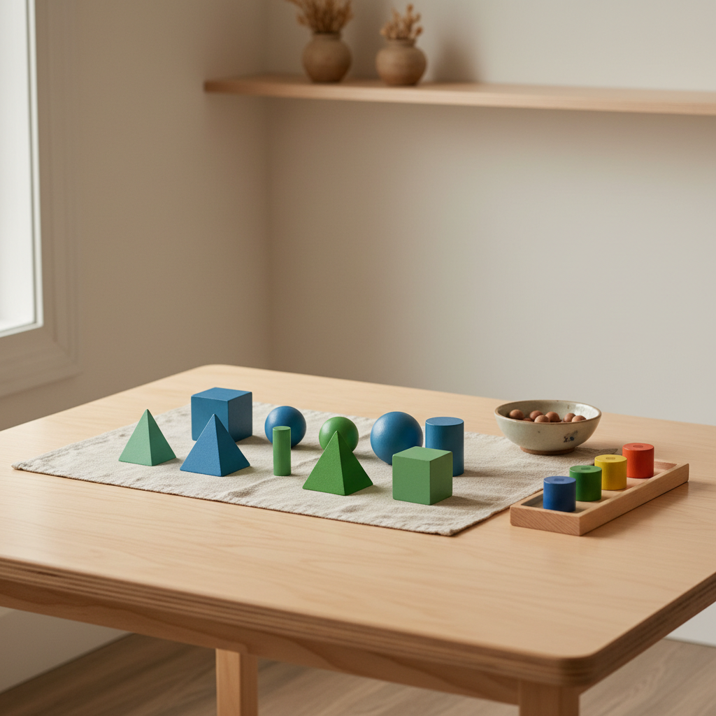 A close-up of a serene work area in a Montessori school, showcasing a smooth birch-wood table with an uncluttered arrangement of thoughtfully selected educational materials—such as a set of blue and green geometric solids placed upon a natural linen mat. The setting is surrounded by a muted, neutral-tone wall, free of distractions, with a minimalist shelf visible in the softly blurred background. The scene is illuminated with soft, natural side lighting, producing understated highlights and subtle shadow play. Captured from a slightly elevated angle, the composition emphasizes the order and tranquility characteristic of the Montessori approach. The mood is peaceful, focused, and intentionally curated, rendered in a clean, photographic style.