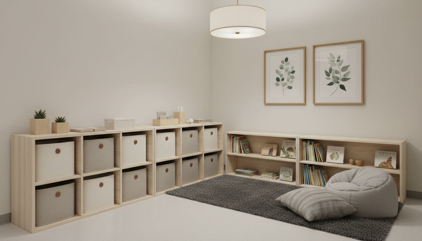 A neatly organized counseling corner in a Montessori classroom, featuring calming neutral-toned storage bins and a cozy reading nook defined by a low, pale wood bookshelf and a plush gray rug. Subtle botanical prints in understated frames adorn the nearby wall, harmonizing with a tranquil palette. The area is bathed in even, soft overhead lighting that maintains clarity without harsh contrasts, contributing to a safe, reassuring environment. Captured at a wide, eye-level view to emphasize structure and spatial balance, the composition uses a rule-of-thirds approach to suggest openness and accessibility. The scene showcases a professional, orderly, and emotionally supportive environment, in line with a photographic corporate aesthetic.