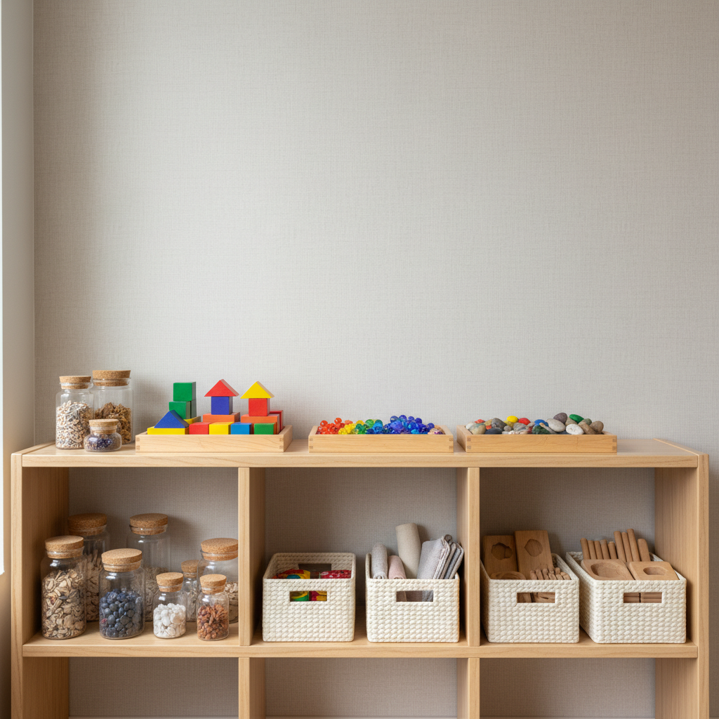 A meticulously arranged Montessori classroom shelf featuring natural wood trays, glass jars holding colorful manipulatives, and pristine cream-colored baskets filled with tactile learning tools. The shelf is set against a pale, neutral wall with a subtle textured finish, and the environment exhibits clean lines and balanced spacing. Gentle afternoon daylight filters through an unseen window, casting soft, diffuse light and minimal shadows for a harmonious, calm atmosphere. Photographed at eye level with carefully structured composition, the sharp focus highlights the clarity and orderliness of the environment. The overall style is photographic realism with a modern, corporate aesthetic that underscores professionalism and educational excellence.