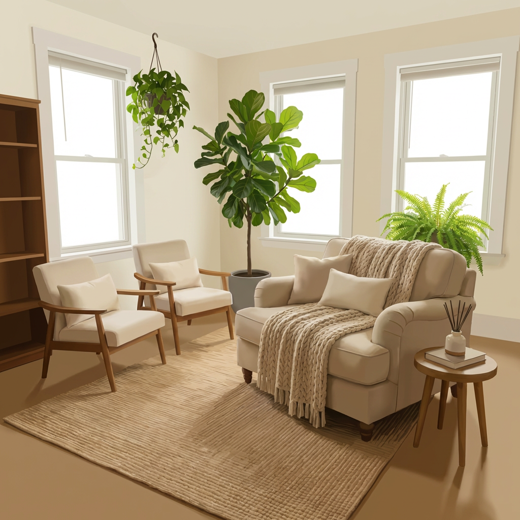 Mid-century modern interior with botanical decor Sunlit living room featuring mid-century armchairs, a woven rug, and numerous indoor plants.